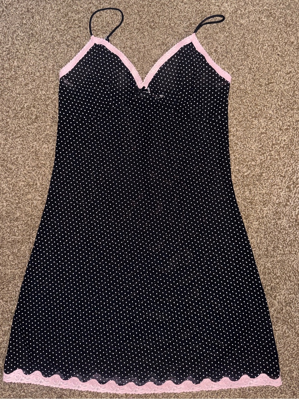 Victoria’s Secret Black Polka Dot Slip Dress with Pink Lace Trim